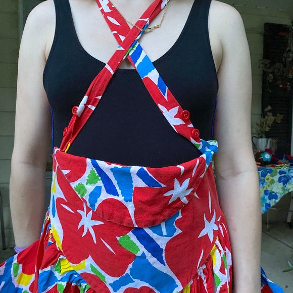 Vintage 1980s Supercraft Made in India Floral Cotton Overalls Dress High Waist - Picture 4 of 10